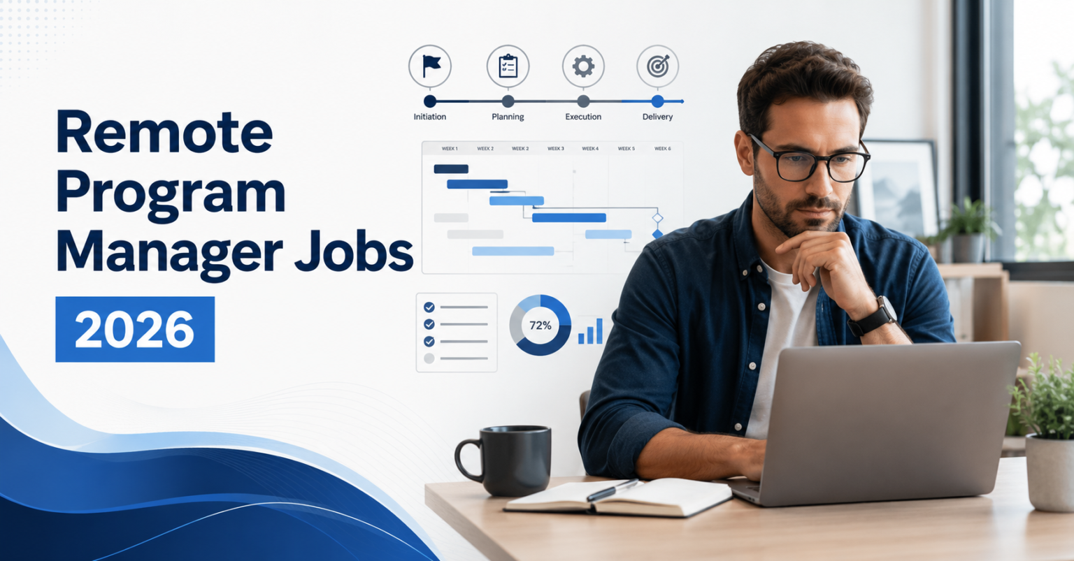 Remote program manager jobs guide showing program planning roadmaps milestones and remote career opportunities in 2026.