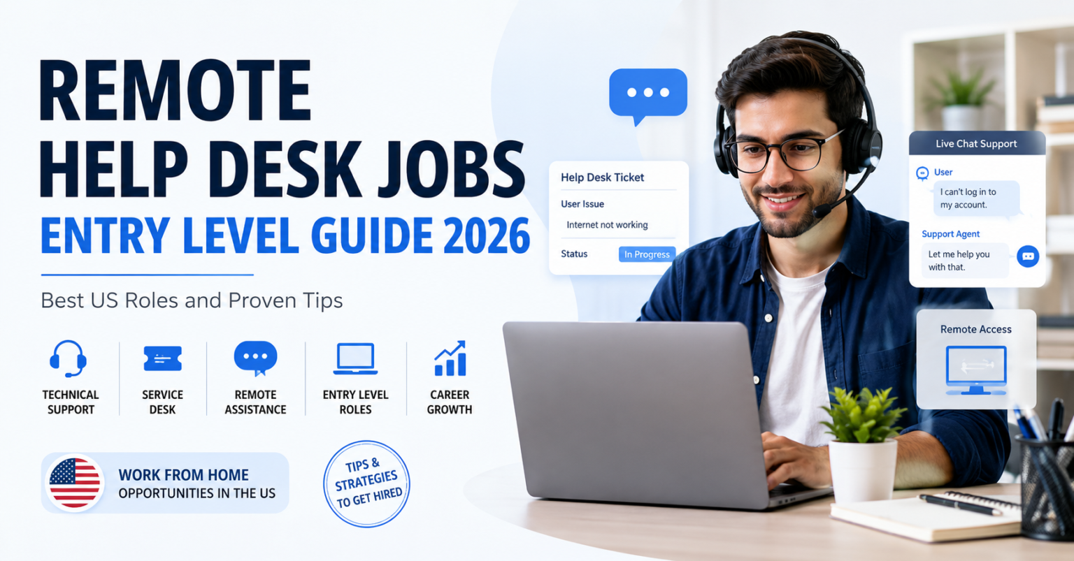 Remote Help Desk Jobs Entry Level Best US Roles & Proven Tips 2026 Remote help desk jobs entry level guide showing IT support troubleshooting service desk work and remote career opportunities in the US.