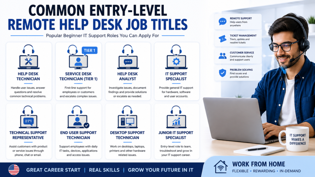 Common entry level remote help desk job titles including help desk technician Tier 1 service desk IT support specialist and technical support roles.