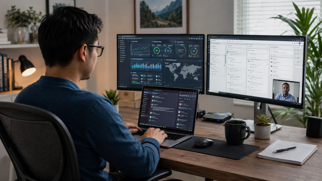 Remote IT professional working from a home office with multiple screens and online collaboration tools.