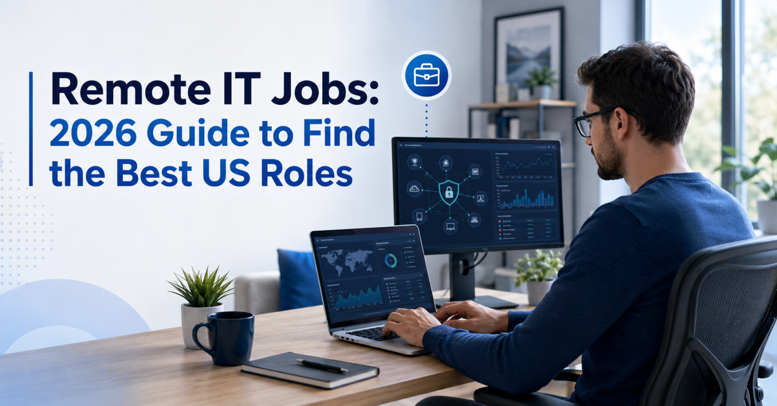 Remote IT professional working from a home office with multiple screens.