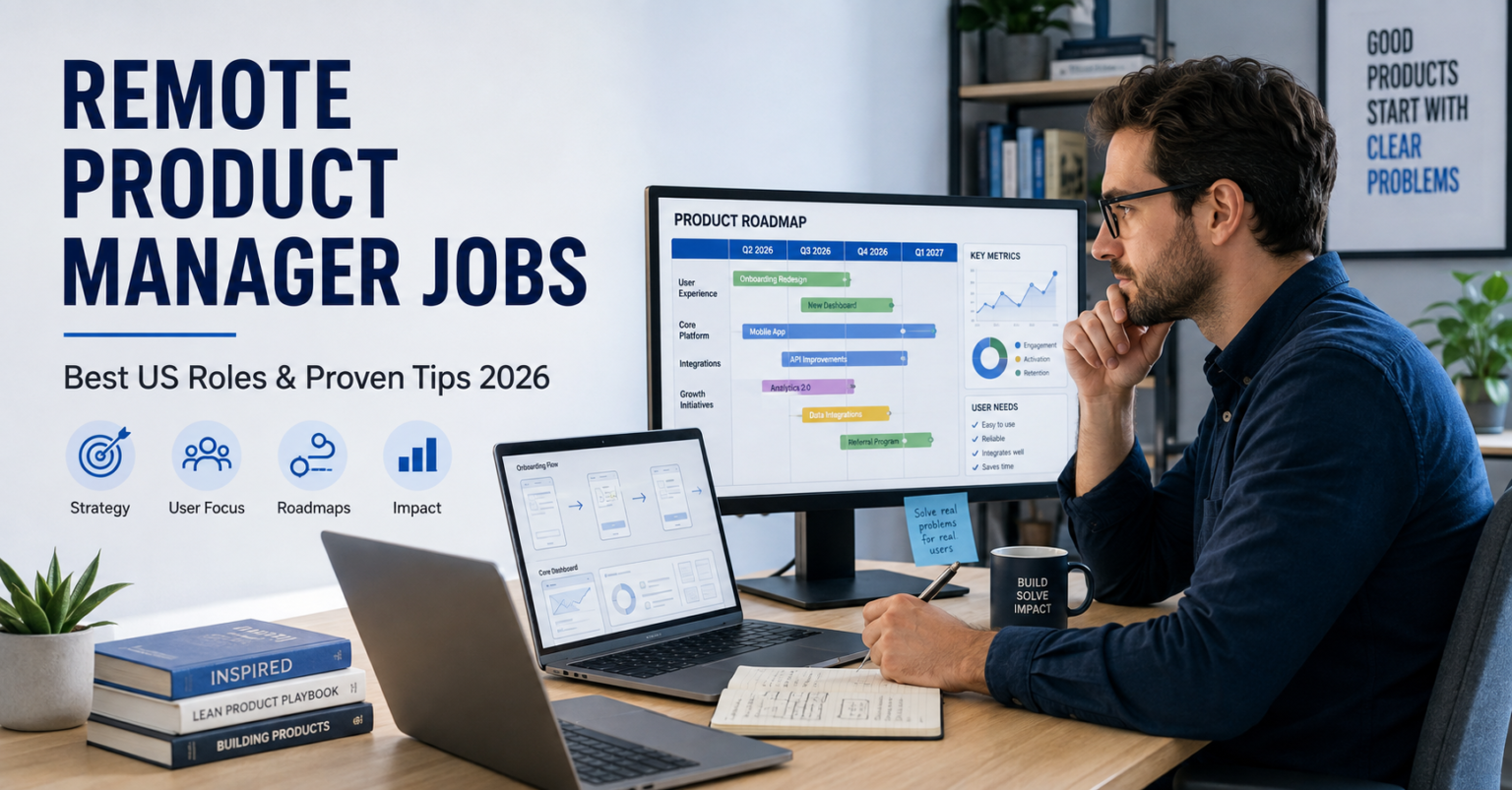 Remote Product Manager Jobs: Best US Roles & Proven Tips 2026 Remote product manager jobs guide showing product strategy roadmaps analytics and career opportunities in the US for 2026.