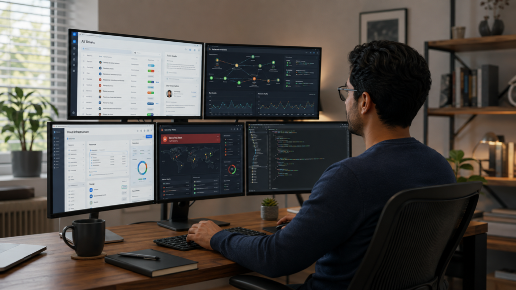 IT professional working from a home office with multiple screens showing support networking security and software systems.