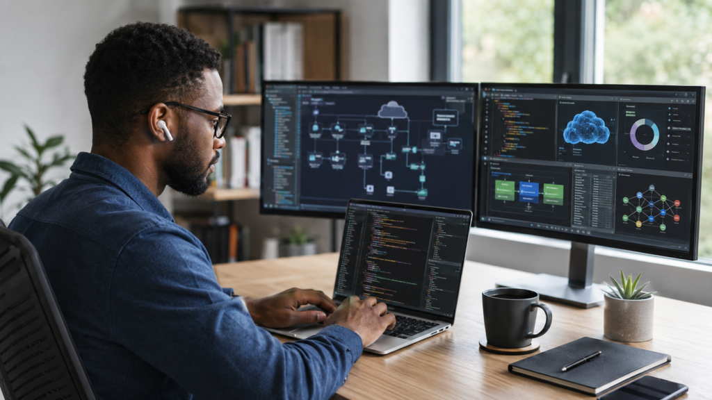 Remote software engineer demonstrating skills employers look for through coding cloud systems and technical workflows.