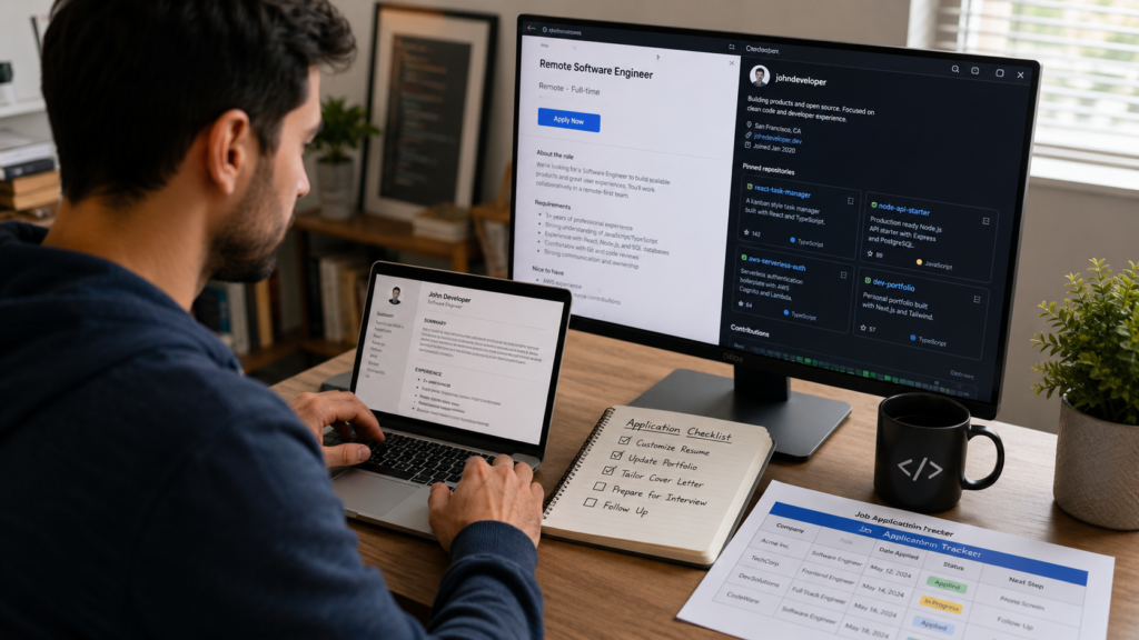 Applying for remote software engineer roles with a tailored resume GitHub portfolio and job application tracker.