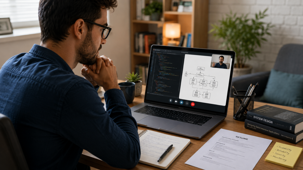 Remote software engineer hiring process with virtual interview coding assessment and system design discussion.