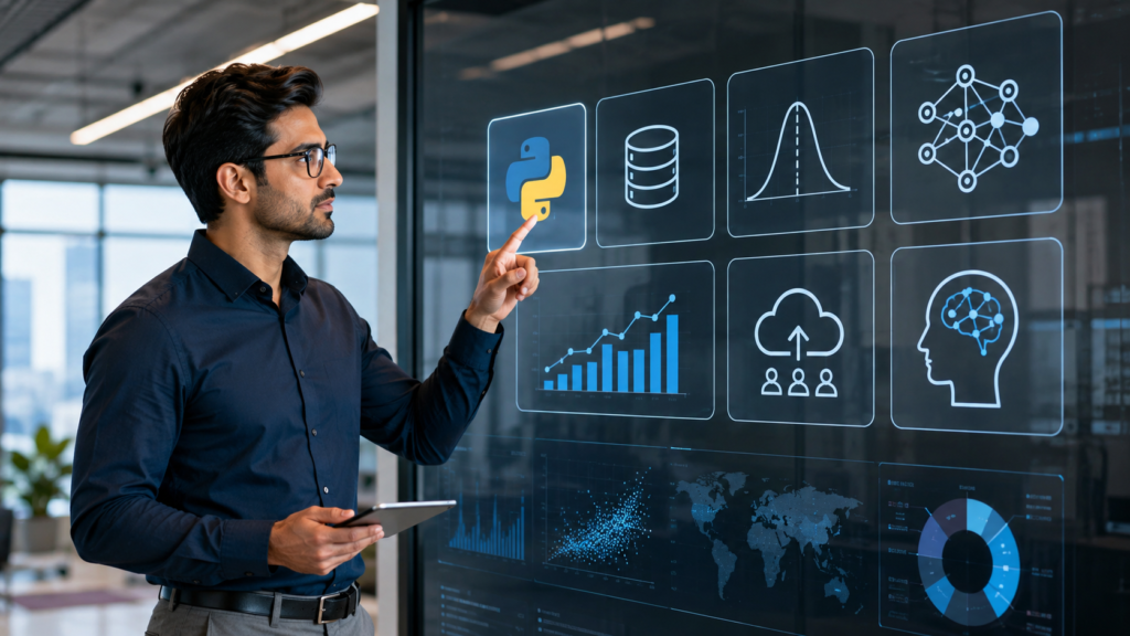 Skills needed for remote data science jobs including Python SQL statistics machine learning cloud tools and data visualization.