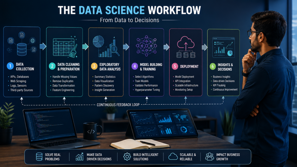 Remote data scientist workflow showing data collection cleaning analysis model building deployment and business insights.