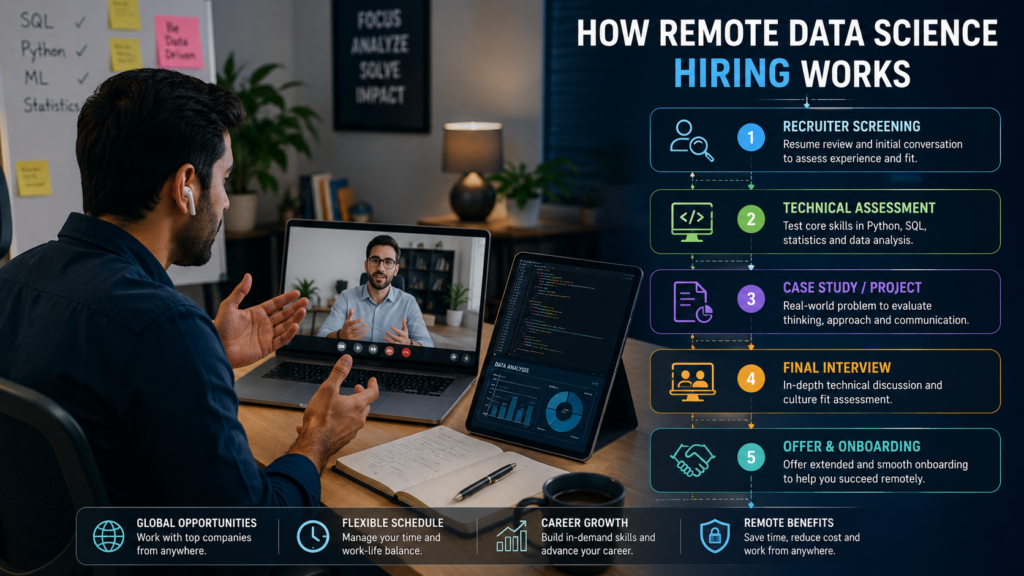 Remote data science hiring process showing recruiter screening technical assessment case study final interview and onboarding.