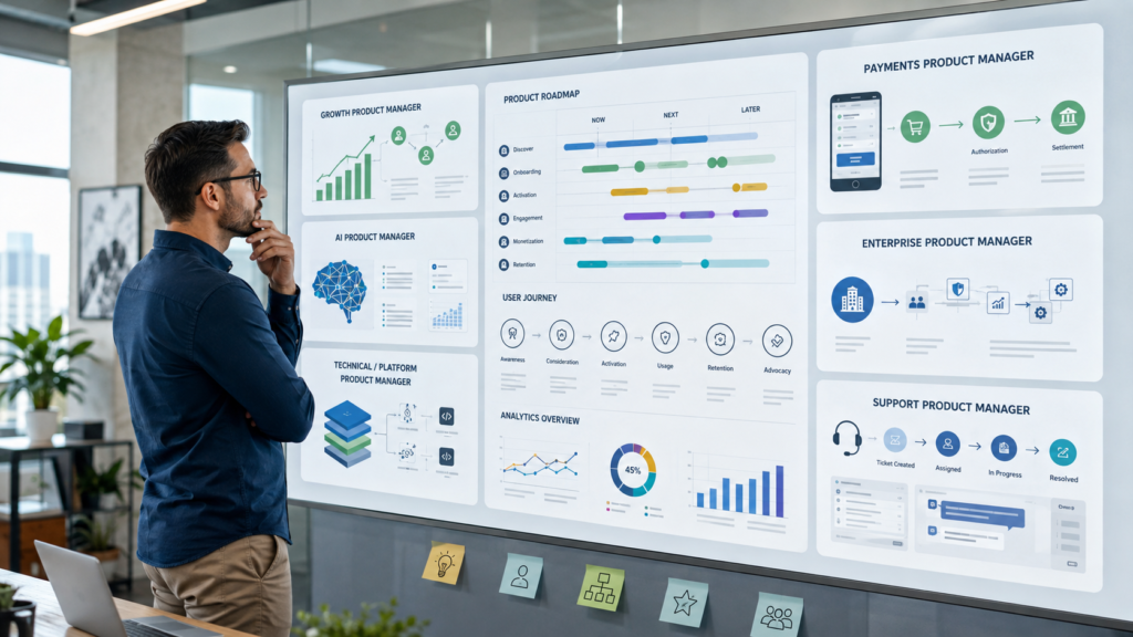 Types of remote product manager jobs including growth AI technical platform payments enterprise and support product roles.