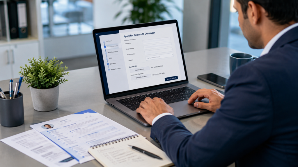 Job seeker reviewing a resume and applying for a remote IT job from a professional home office.