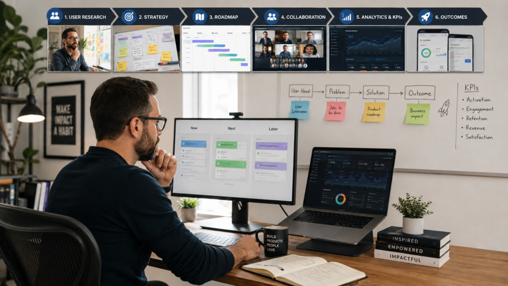 Remote product manager responsibilities including user research product strategy roadmaps cross-functional collaboration analytics and KPIs.