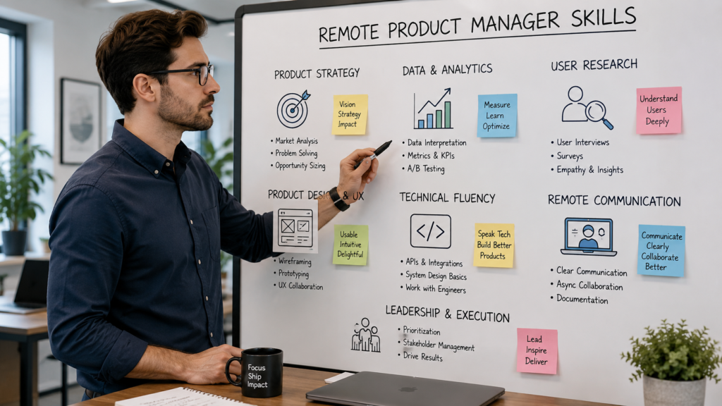 Skills employers look for in remote product managers including product strategy analytics user research UX technical fluency and remote communication.