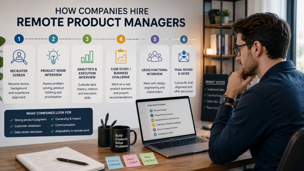 Remote product manager hiring process including recruiter screening product sense interview analytics case study cross functional interview and final offer.
