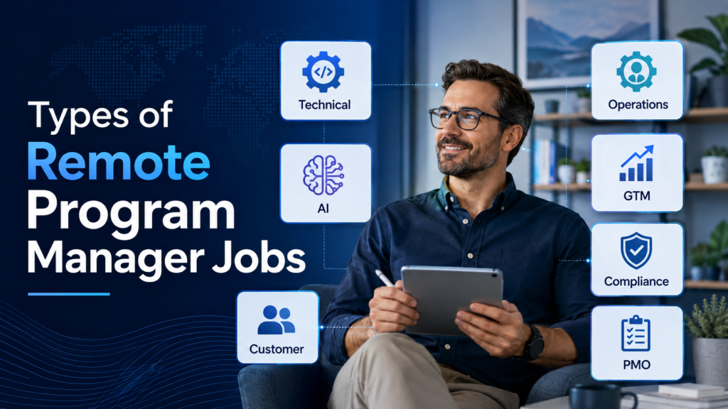 Types of remote program manager jobs including technical AI customer operations GTM compliance and PMO roles.