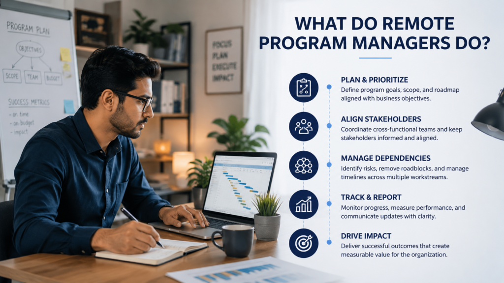 Remote program manager responsibilities including program planning stakeholder alignment dependency management reporting and measurable business impact.