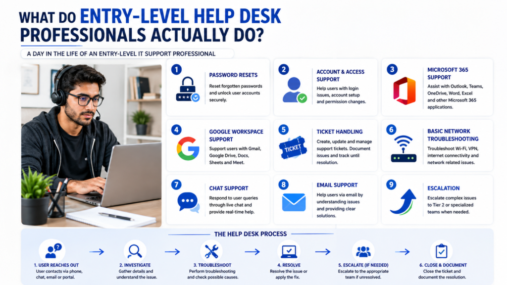 Entry level help desk responsibilities including password resets account access Microsoft 365 support ticket handling network troubleshooting and escalation.