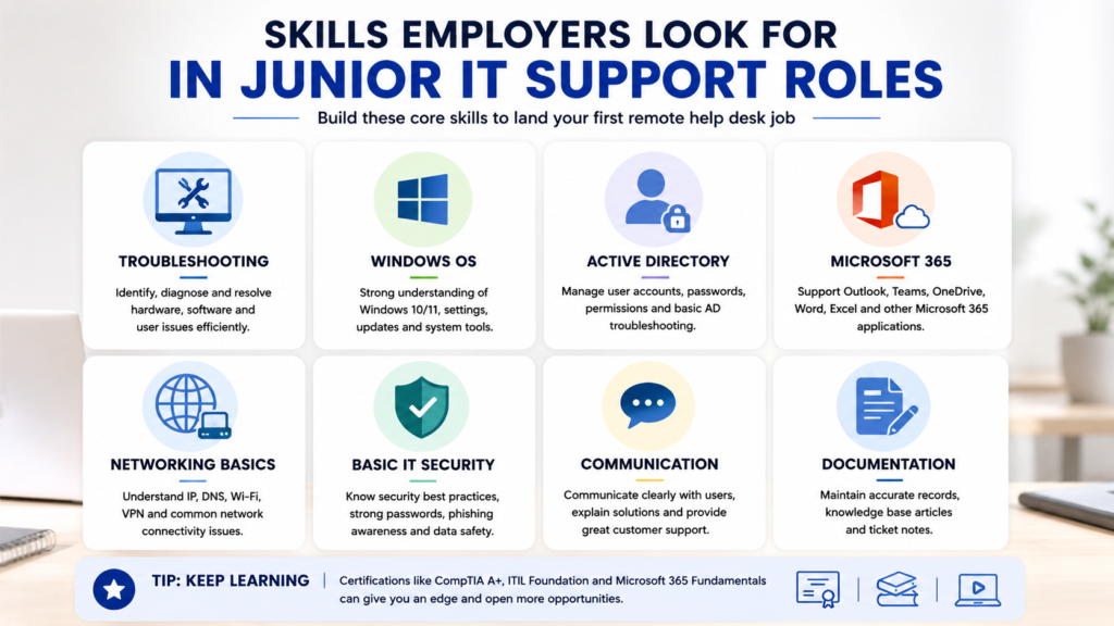 Skills employers look for in junior IT support including troubleshooting Windows Active Directory Microsoft 365 networking security communication and documentation.