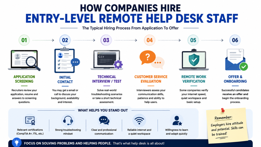 Entry level remote help desk hiring process including application screening technical interview customer service evaluation remote work verification and onboarding.