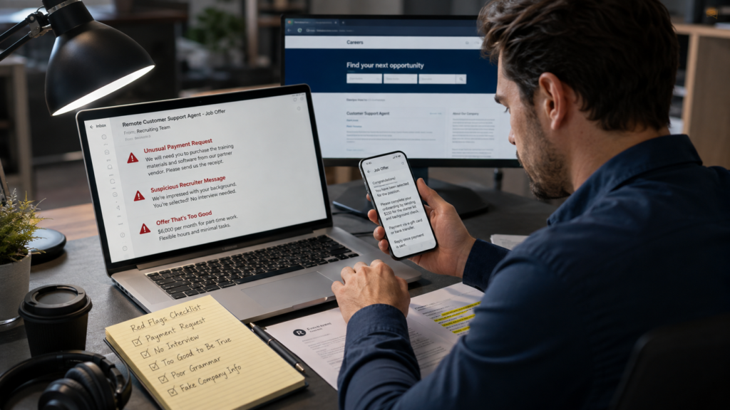 Job seeker reviewing remote job scam warning signs and verifying a suspicious recruiter offer.