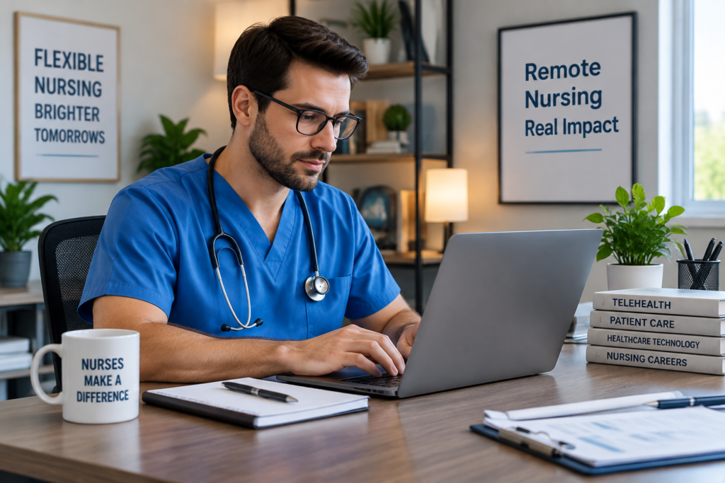 RN Work From Home Positions: 7 Key Differences Between Remote Jobs and Bedside Nursing Registered nurse working remotely from home office for telehealth services.