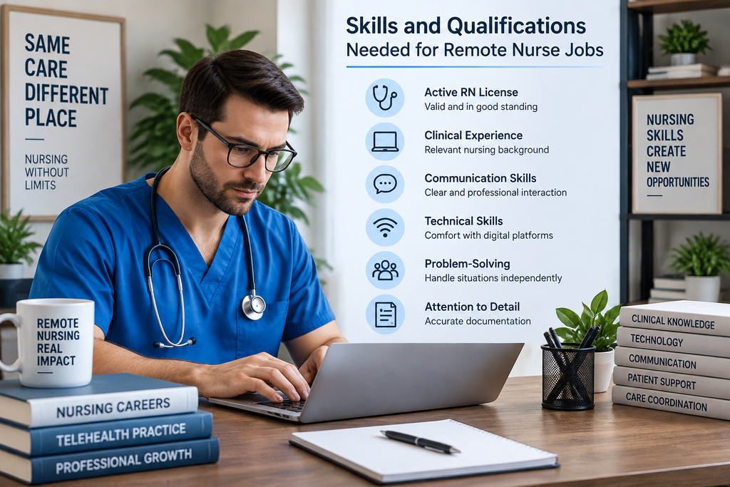Skills and qualifications needed for remote nurse jobs including RN license clinical experience communication skills and technology skills.