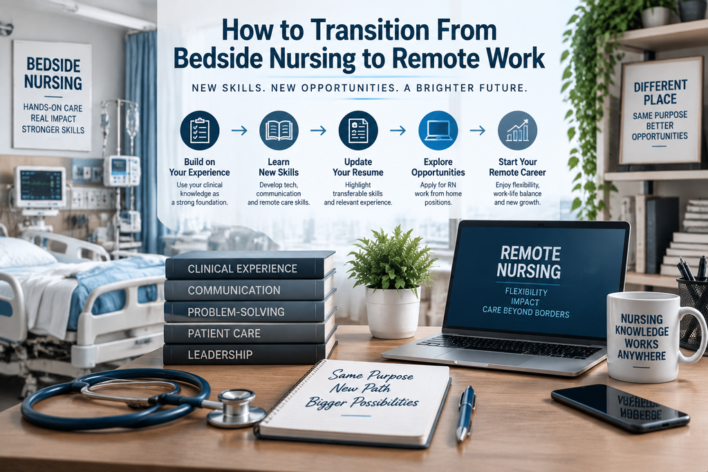 How to transition from bedside nursing to remote work with skills resume updates and remote nursing career steps.